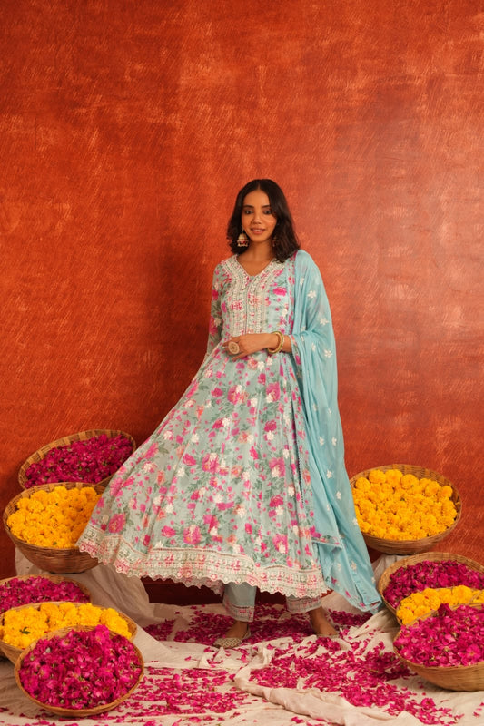 Sky blue elegant floral anarkali suit