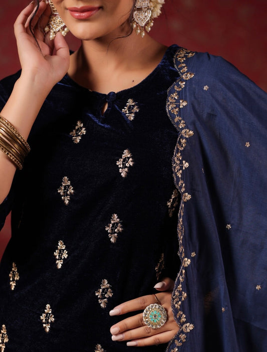 Navy Blue elegant sequin work velvet kurta set