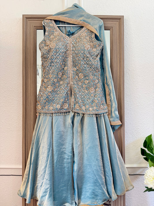 Ice blue heavy handwork (lightweight) fendy silk sharara suit