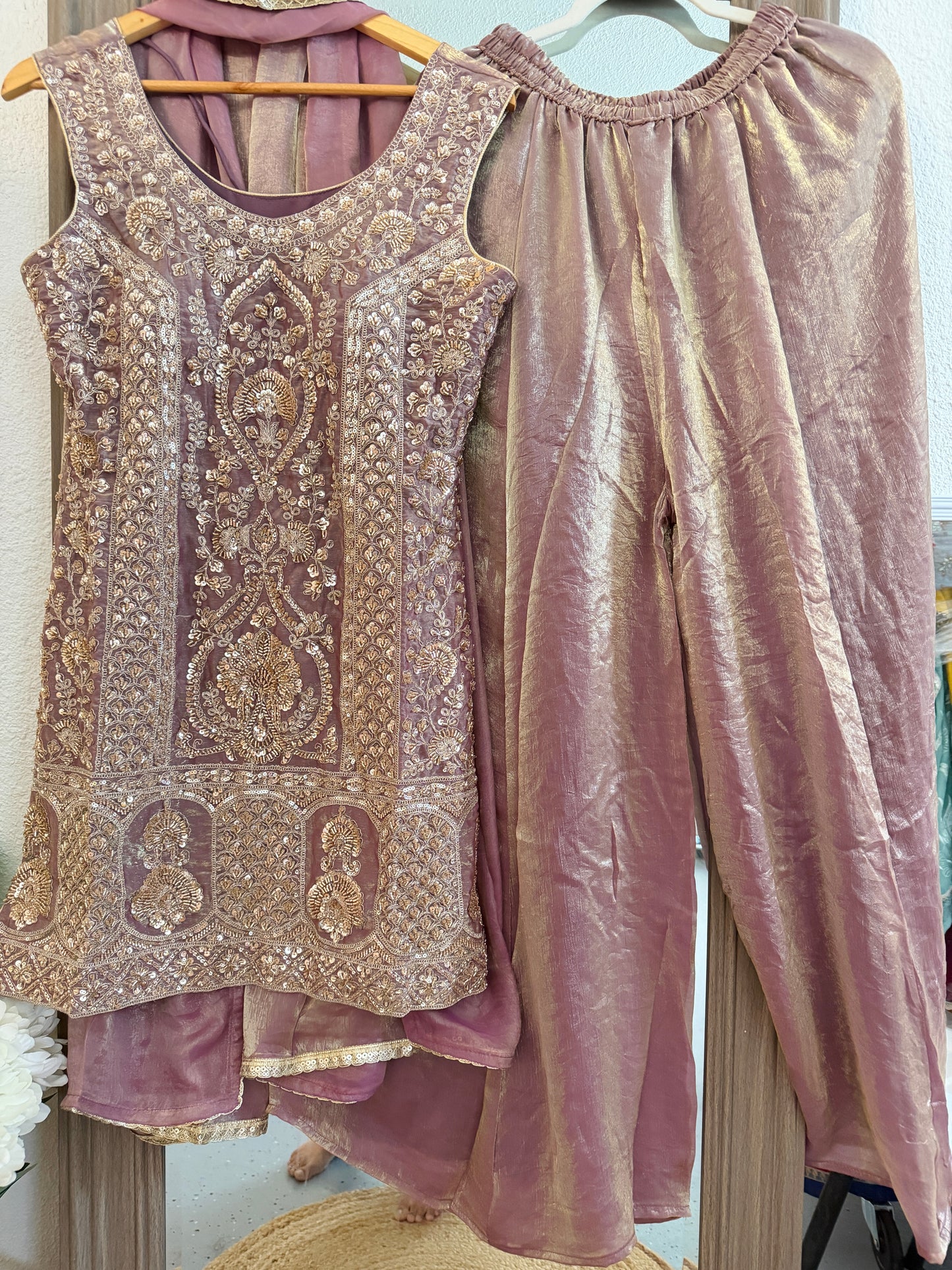 Purple heavy handwork partywear sharara suit (sleeve cloth given)