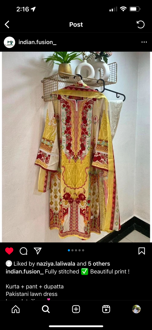 Yellow lawn fabric pakistani style casual wear kurta set