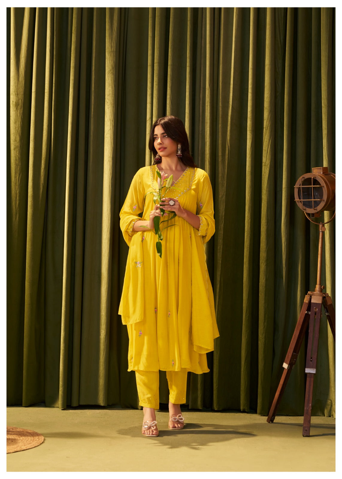 Yellow pure mul chanderi handwork yoke suit