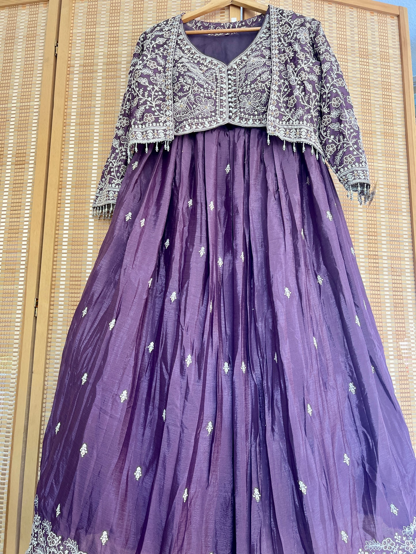 Lavender heavy embroidered crop top jacket partywear lehenga