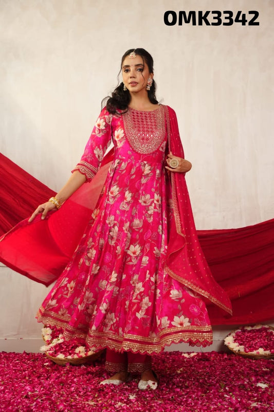 Hot pink floral pure chinnon silk anarkali kurta set