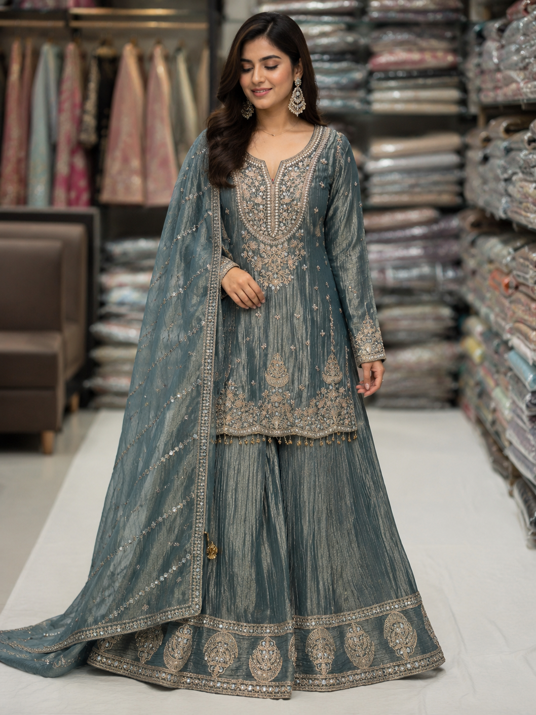 Grey heavy handwork mirror work partwear sharara suit