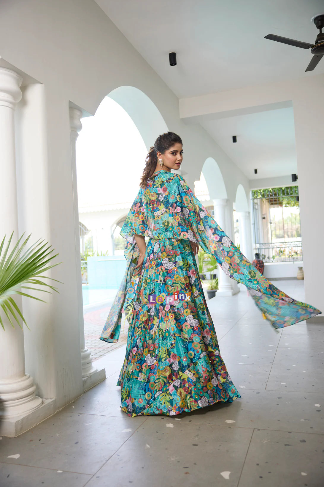 Floral Aqua blue crop top skirt and cape set indo western