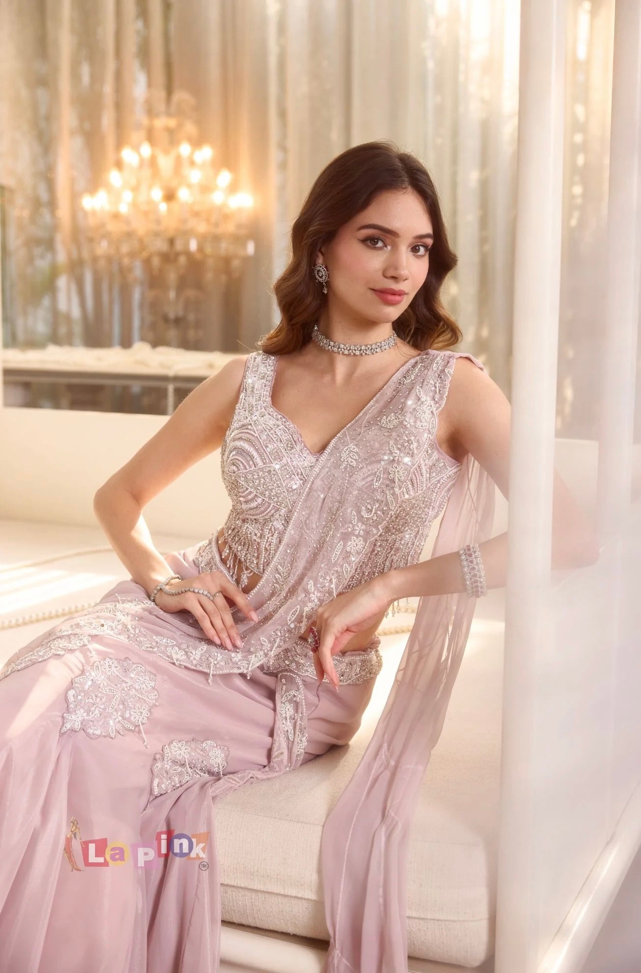 Pink heavy handwork pre-draped saree
