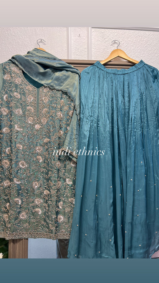 Ice blue pure shimmer tissue heavy handwork divider sharara suit partywear wedding wear