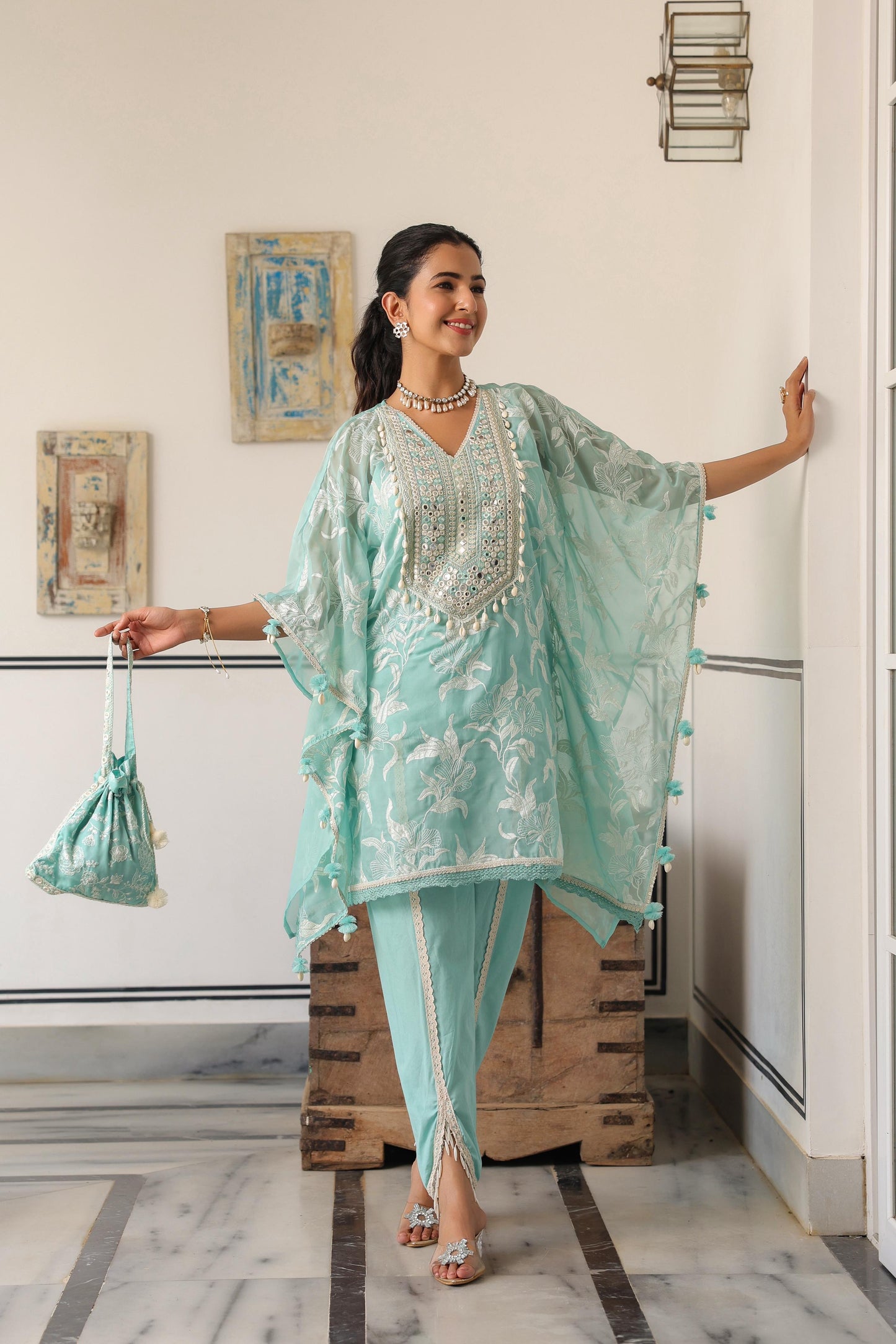 Aqua blue trendy beautiful kaftan tulip pant set