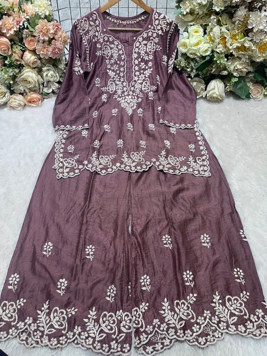 Elegant chikankari premium chanderi short top palazzo set