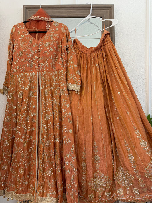 Rust Orange Heavy all over work handwork lehenga skirt dupatta