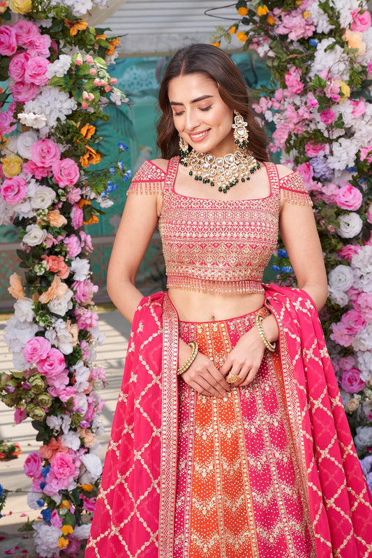 Hot pink orange heavy partywear lehenga