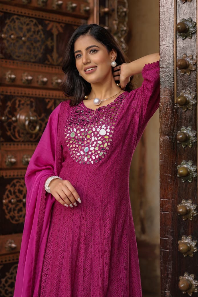 Dark pink real mirror work anarkali kurta set