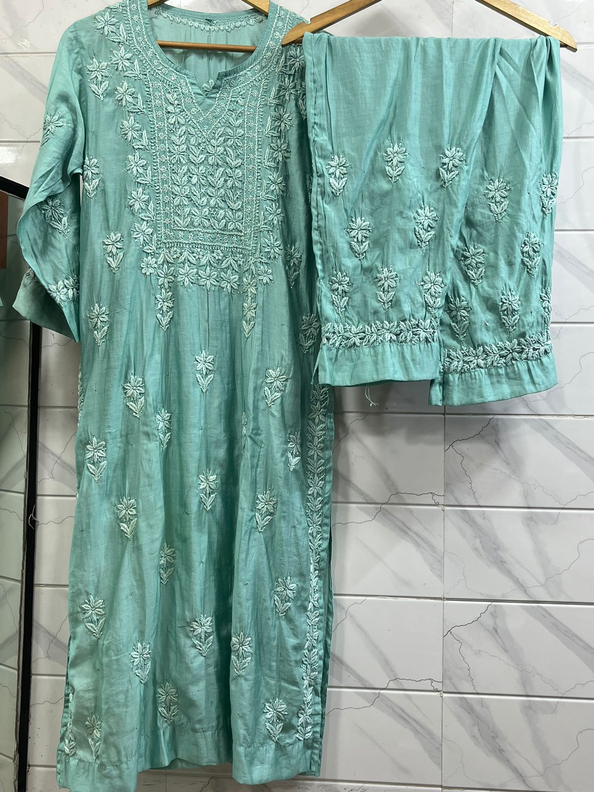 Aqua green Chanderi fabric lucknowi kurti set