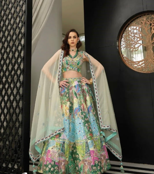 Designer silk multicolor heavy handwork lehenga choli