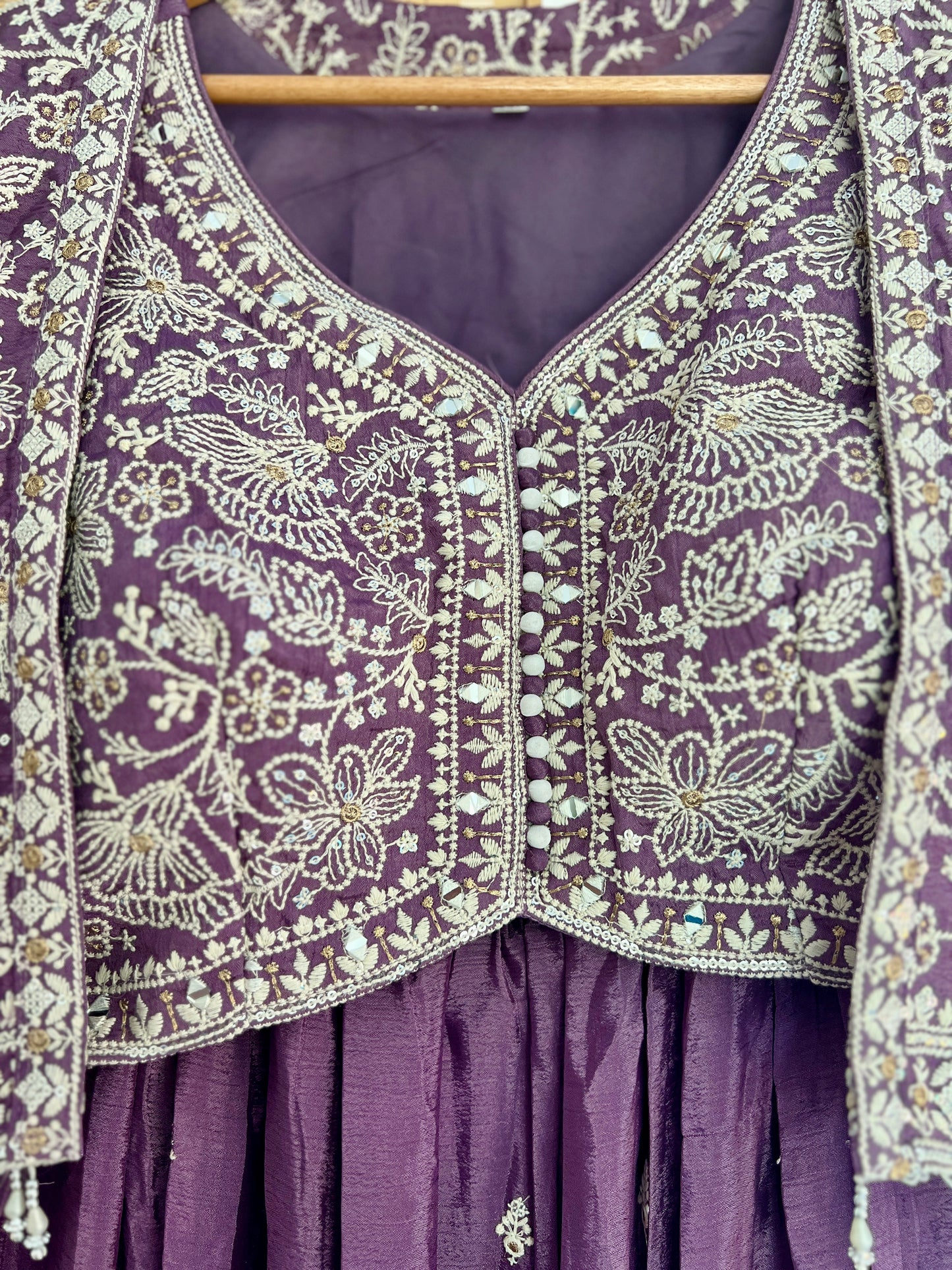 Lavender heavy embroidered crop top jacket partywear lehenga