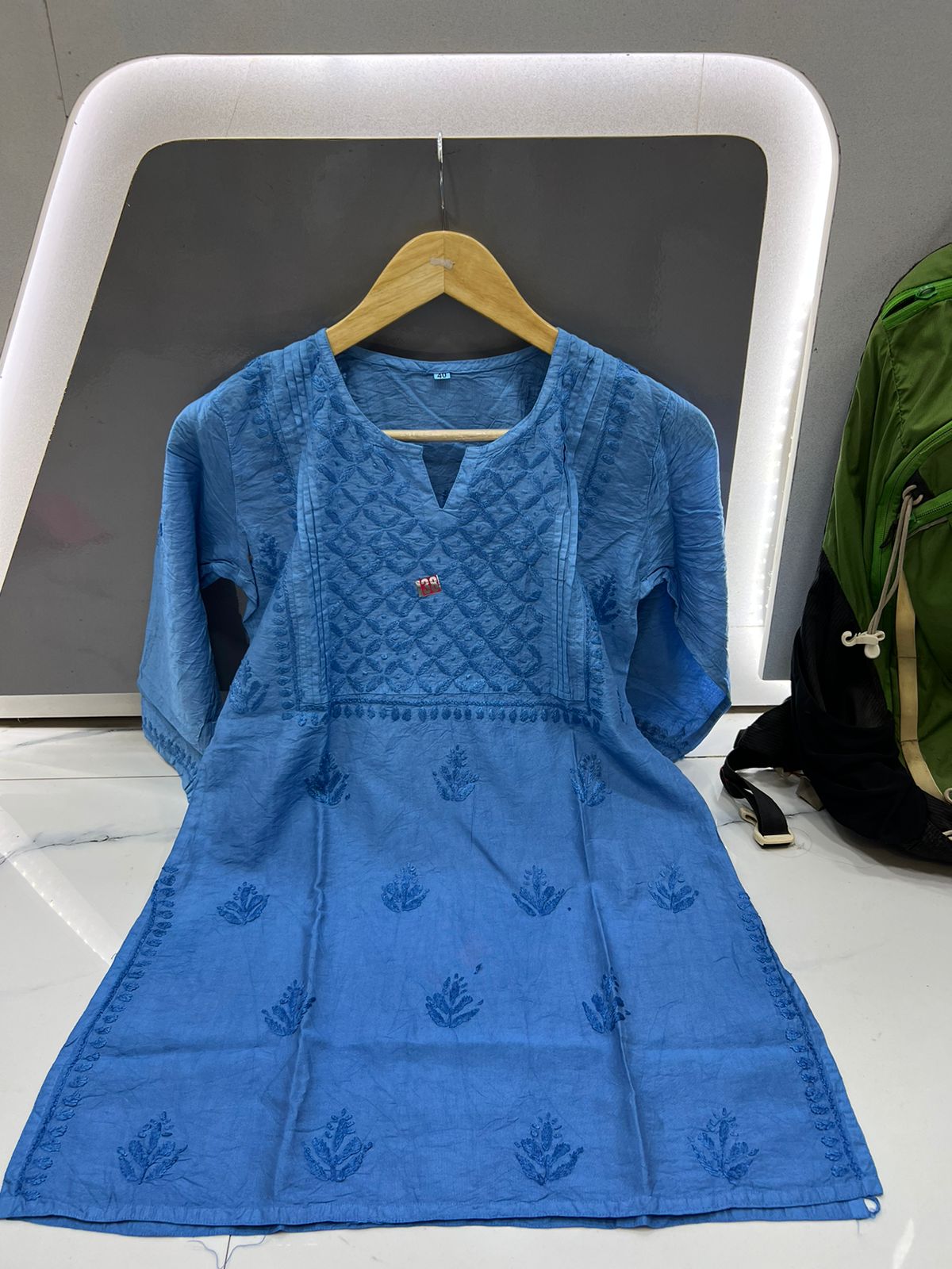 Blue Chanderi Chikankari Short Kurti