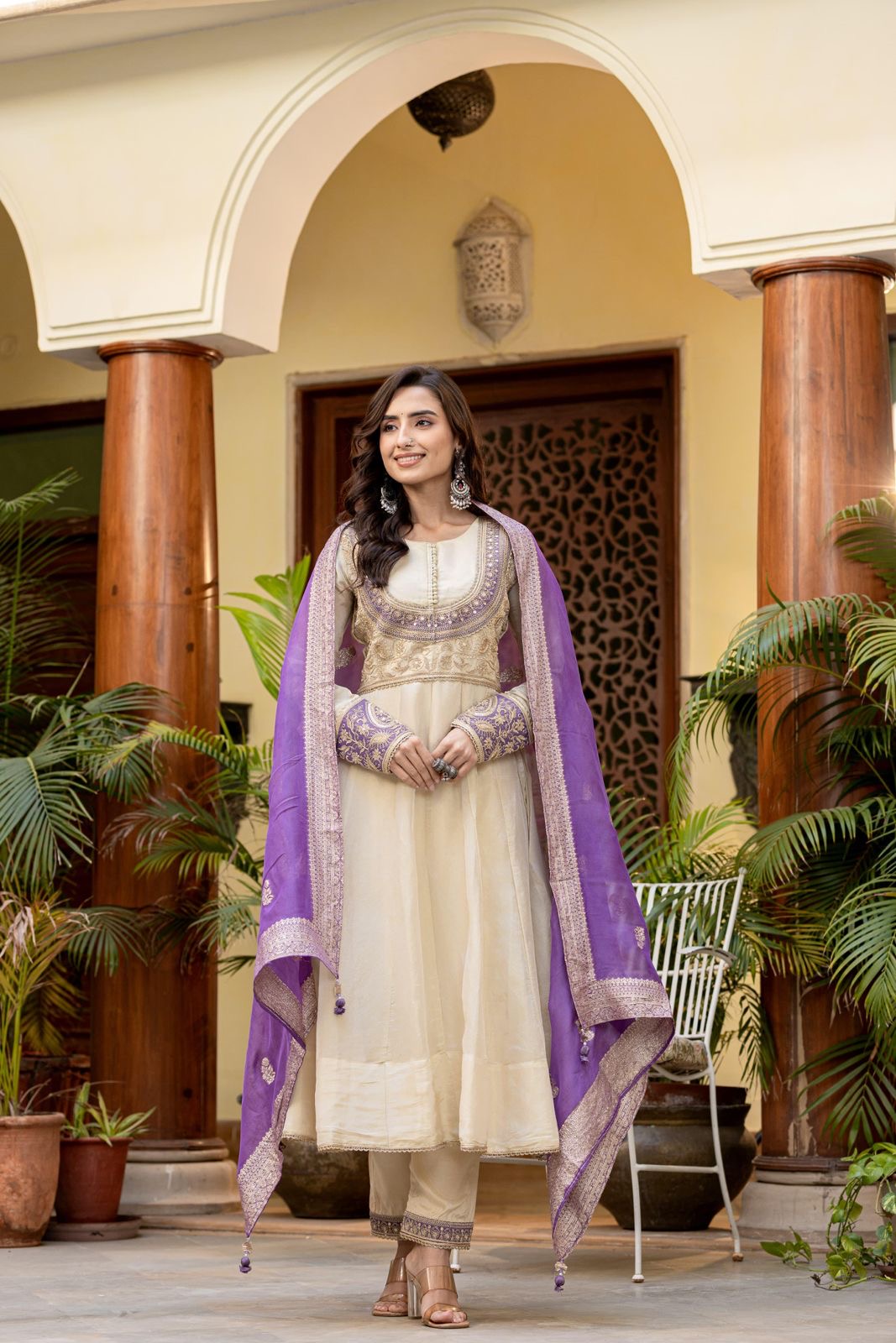 Off white and purple beautiful anarkali kurta set