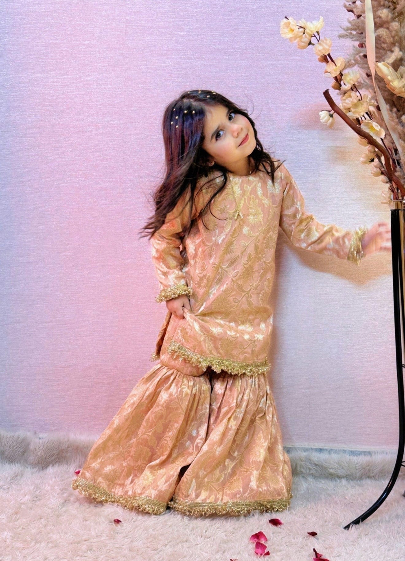 Girls Peach and gold 3 pc sharara suit