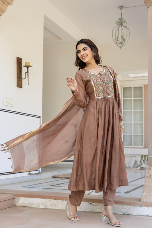 Beige pure mul chanderi heavy handwork yoke suit