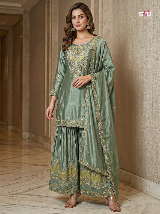 Plus size sage green handwork sharara auit