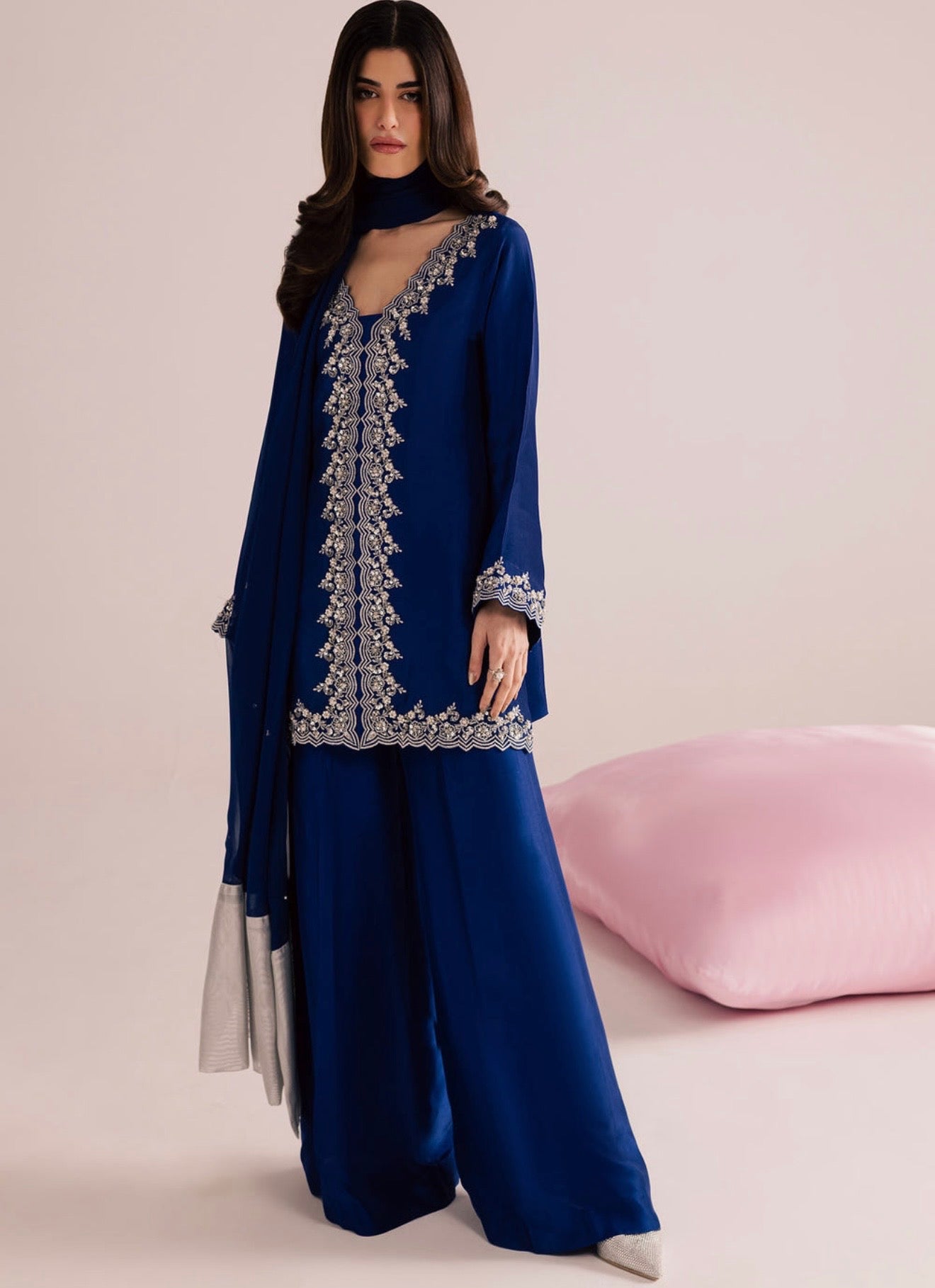 Blue designer handwork short top palazzo set