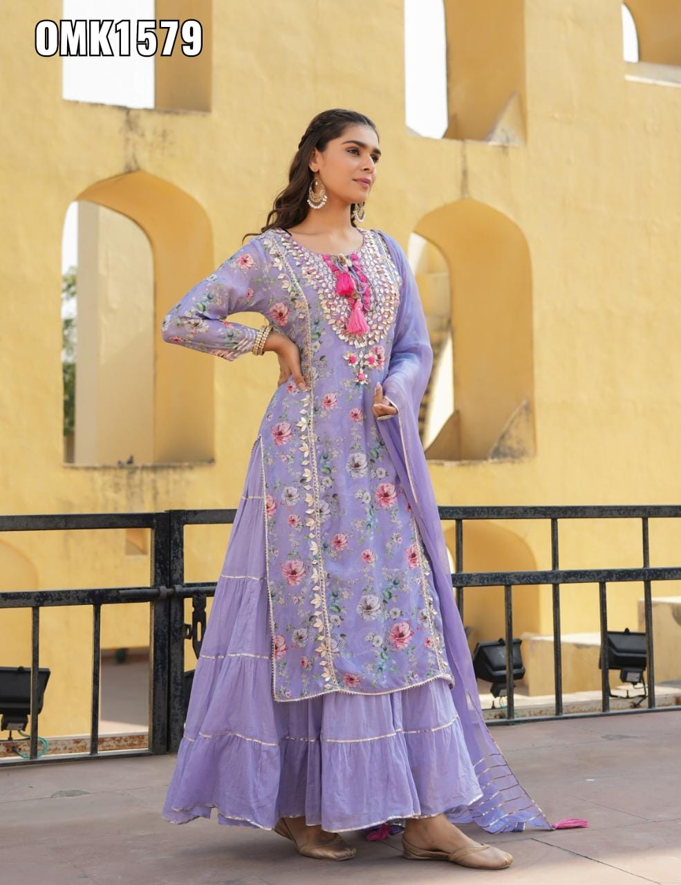 Lavender Heavy Gota work Sharara set with attached skirt