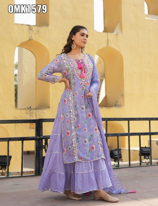 Lavender Heavy Gota work Sharara set with attached skirt