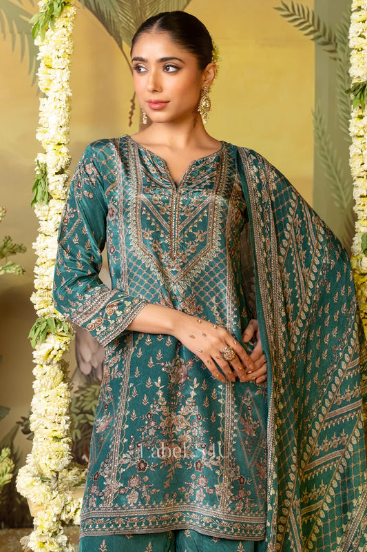 Teal green pure crepe sharara suit
