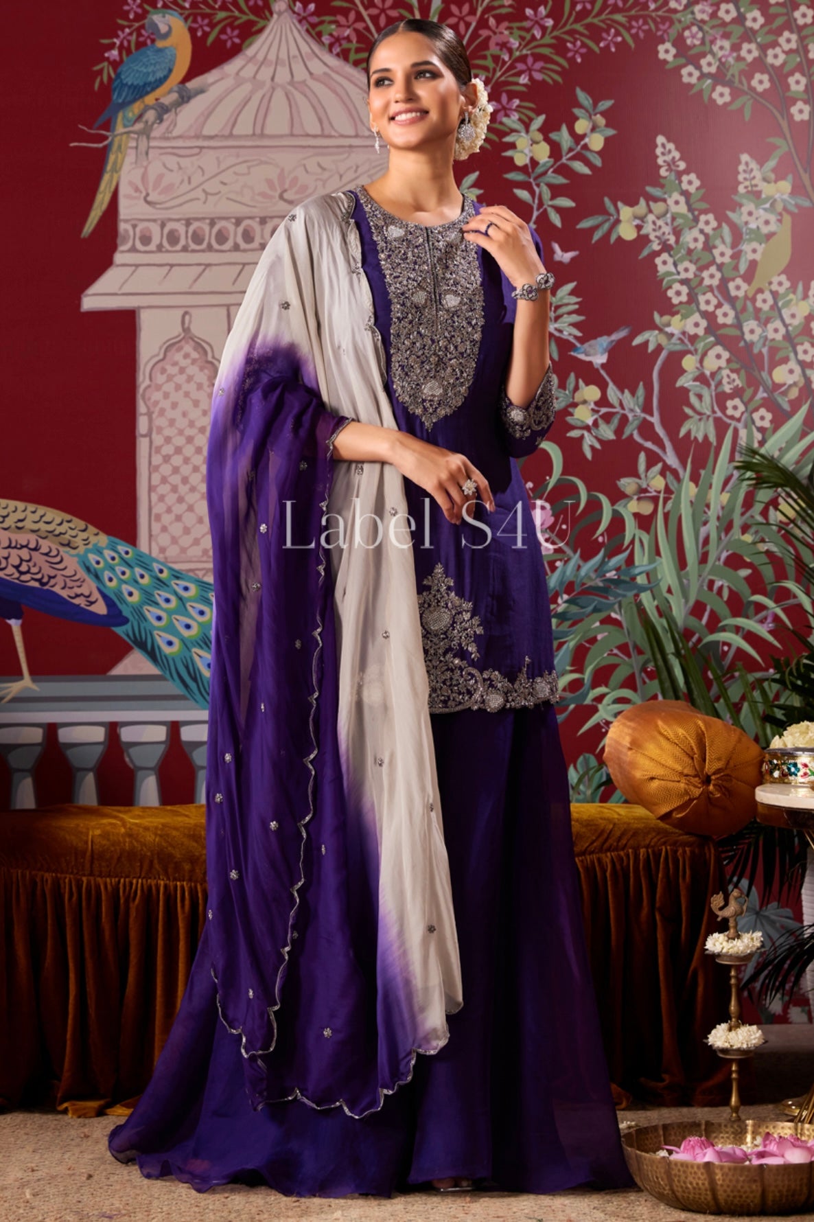 Purple elegant heavy handwork sharara set