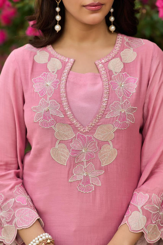 Pink elegant premium chanderi silk short top kurta set