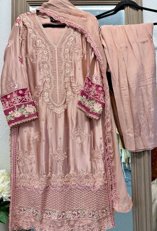 Light pink heavy work pakistani silk suit