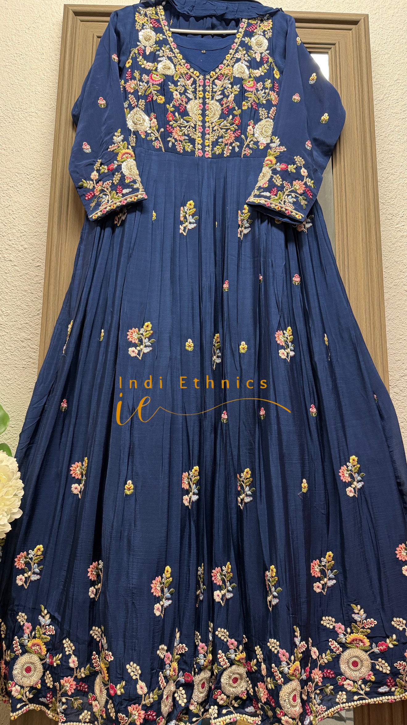 Navy blue heavy handwork floor length gown with cancan and dupatta (no pants)