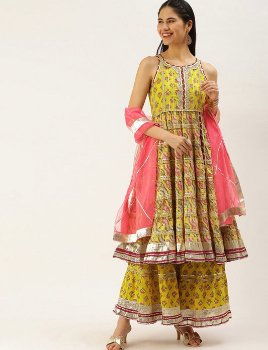 Mint green and pink heavy gota work sharara suit