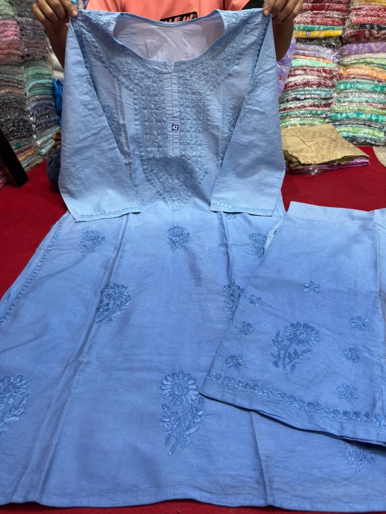 Blue pure chanderi chikankari kurta palazzo set