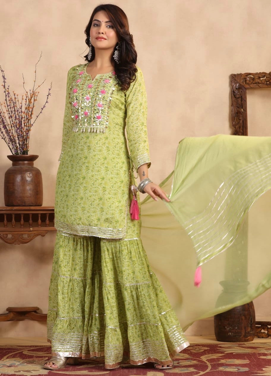 Parrot green heavy gota work premium fabric sharara suit