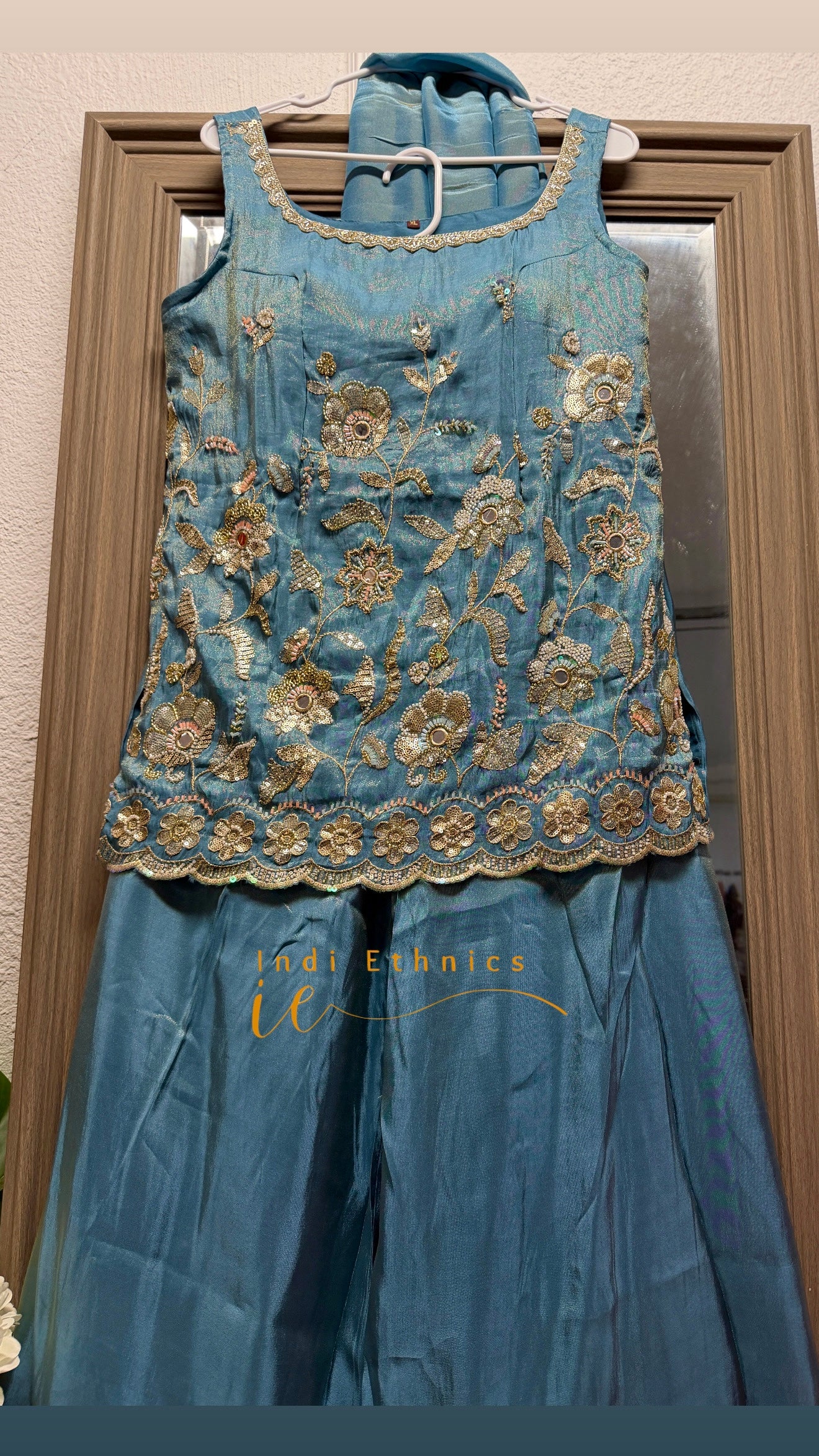 Ice blue pure shimmer tissue heavy handwork sharara suit