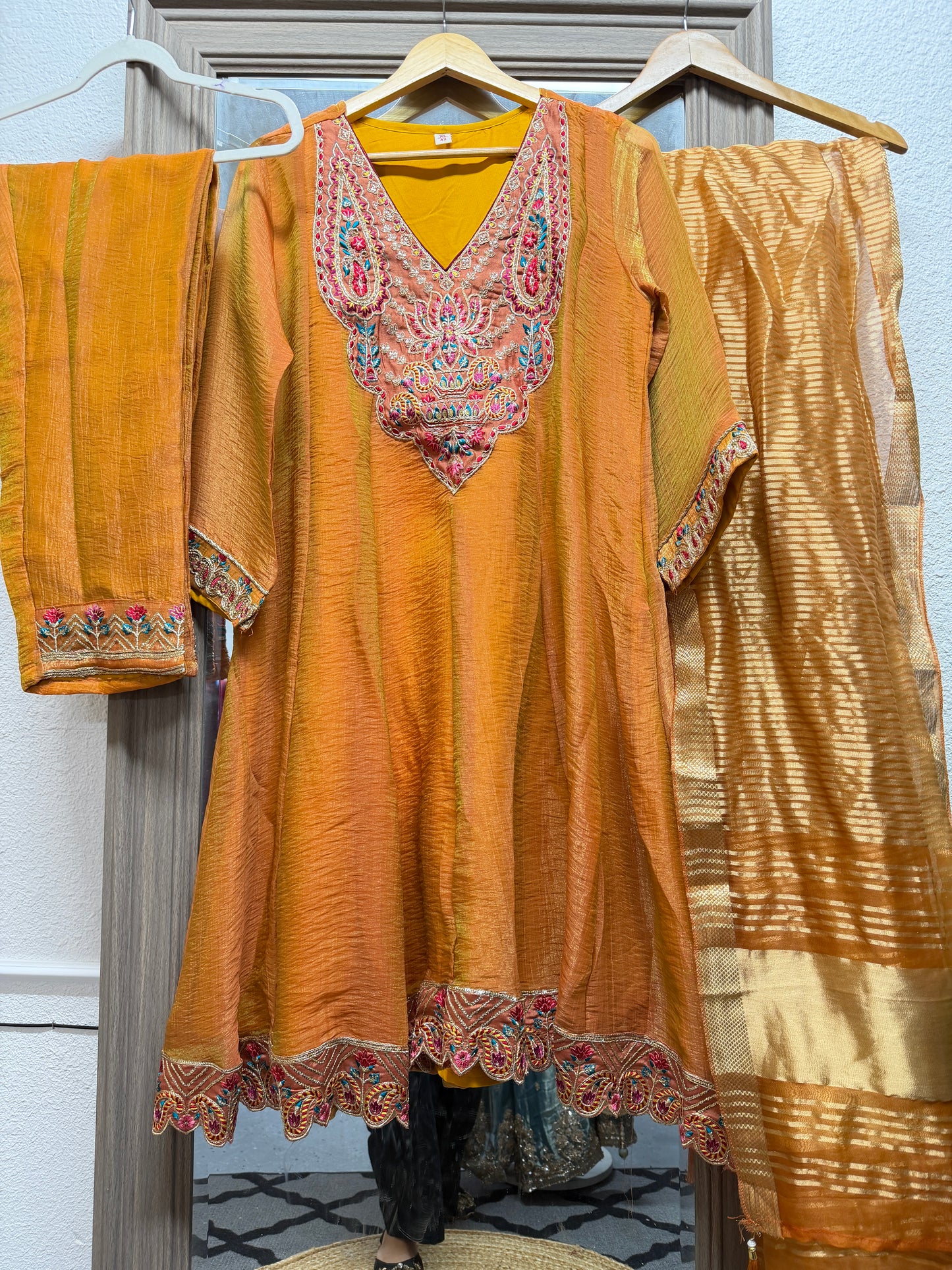 Mango embroidered fendy tissue short anarkali suit
