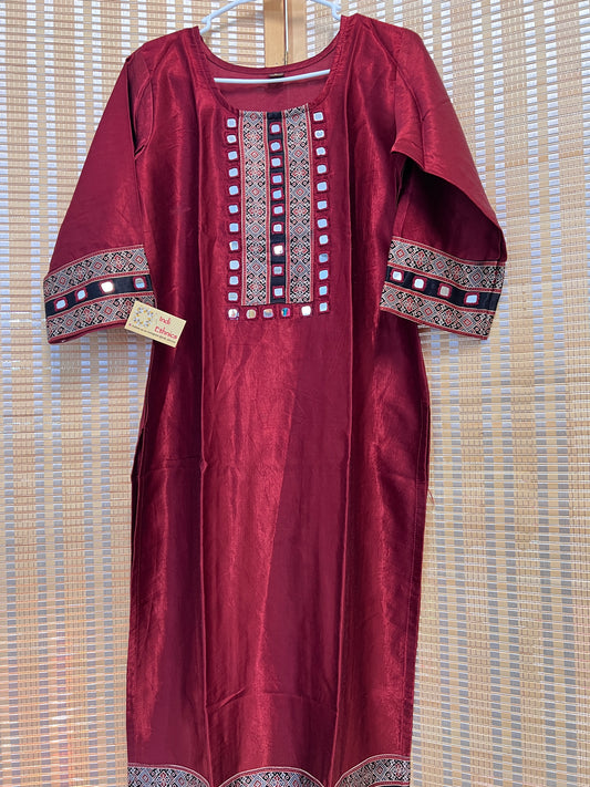 Maroon pure gaji silk kacchi work kurti with real mirror work