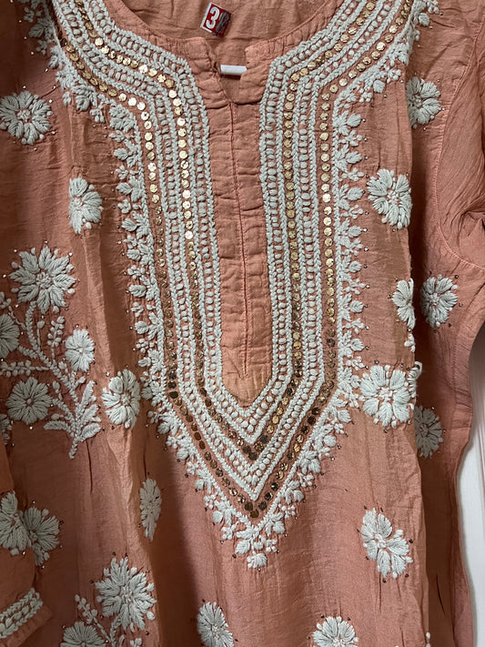 Beige premium chikankari kurti with mukesh work