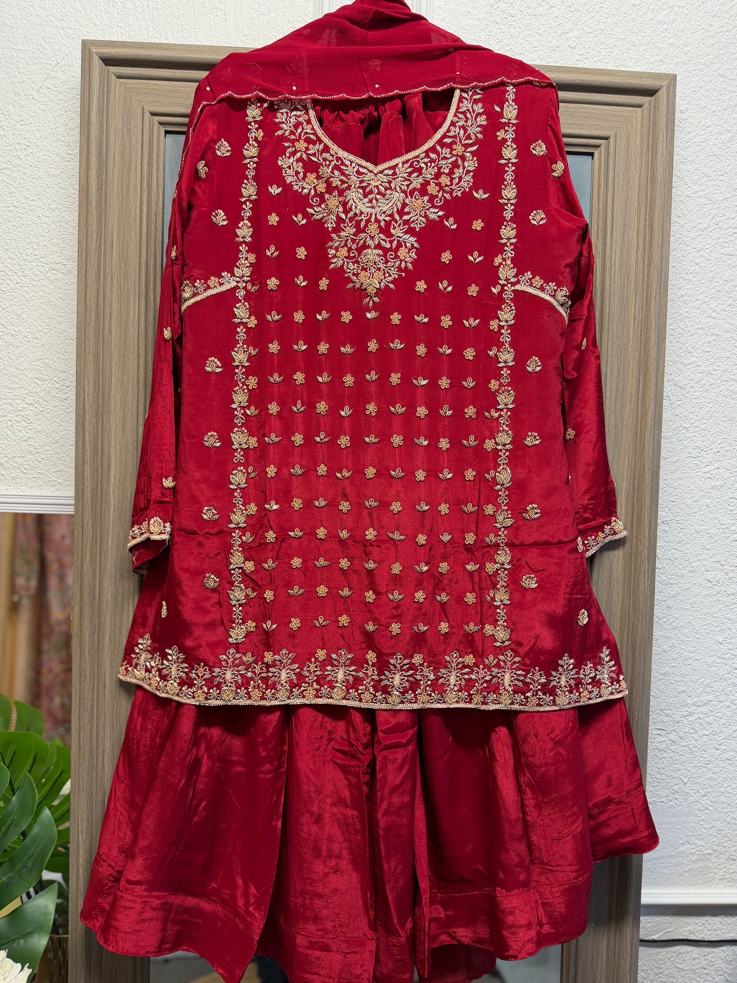 Red heavy handwork pure crepe silk sharara suit