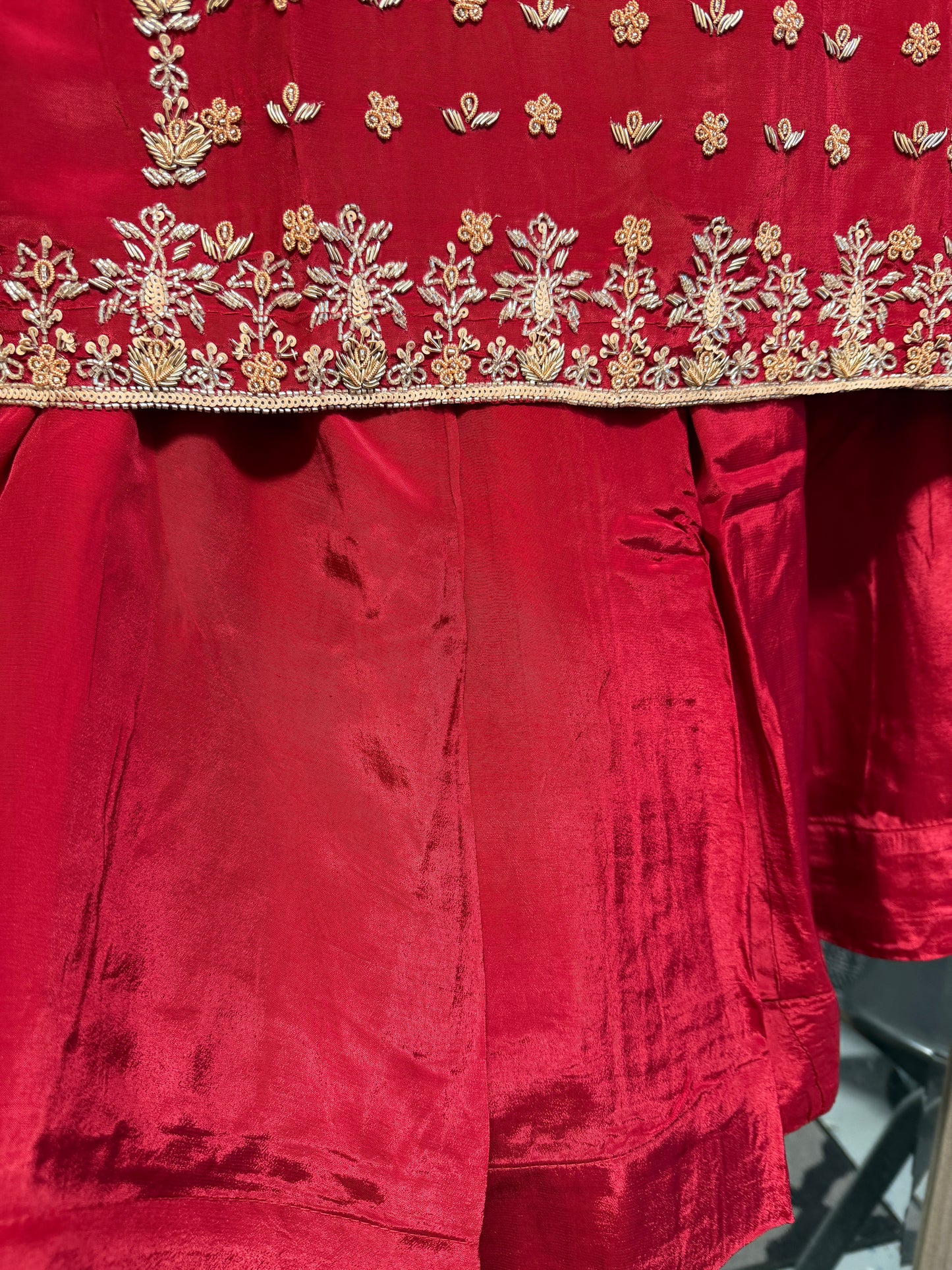 Red heavy handwork pure crepe silk sharara suit