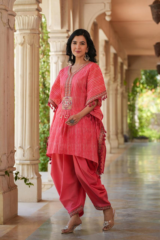 Pink pure cotton embroidered kaftan set