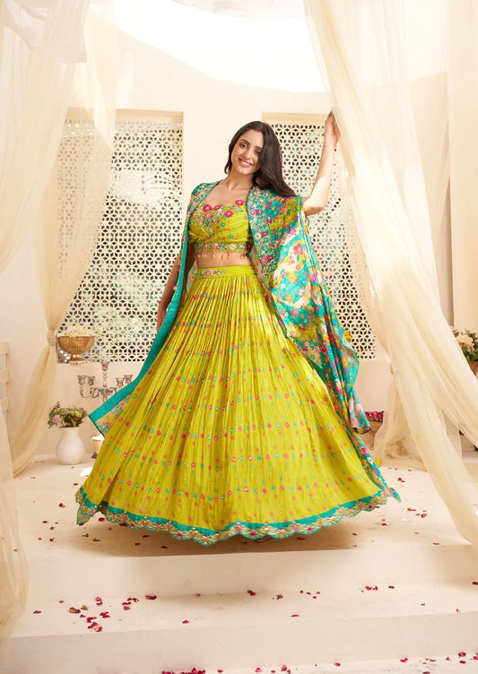 Parrot green handwork lehenga worh shrug