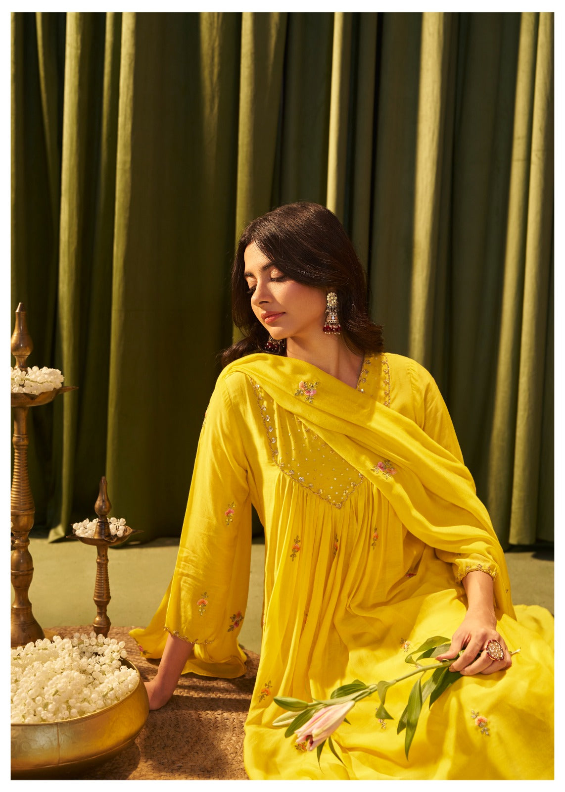 Yellow pure mul chanderi handwork yoke suit