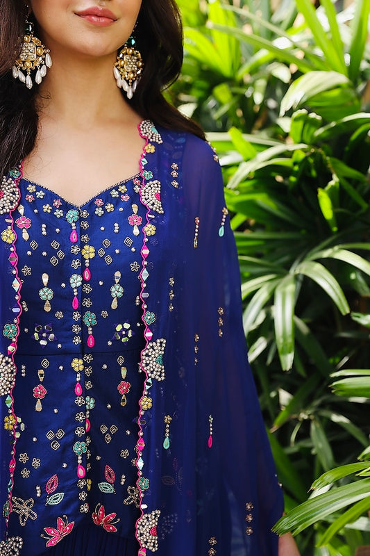 Royal blue heavy handwork and mirror work sharara set with shrug indo western