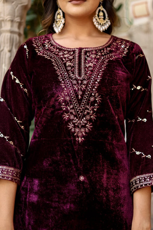 Wine heavy embroidered velvet suit
