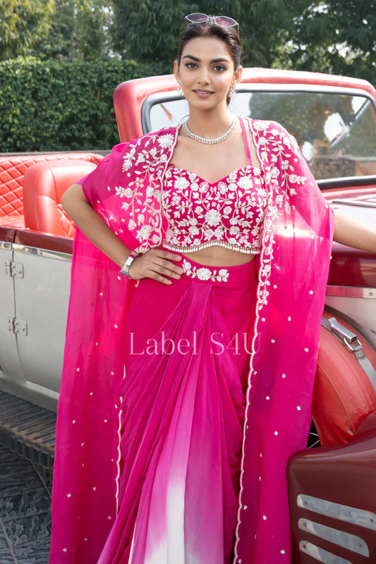 Hot pink heavy handwork indowestern with cape