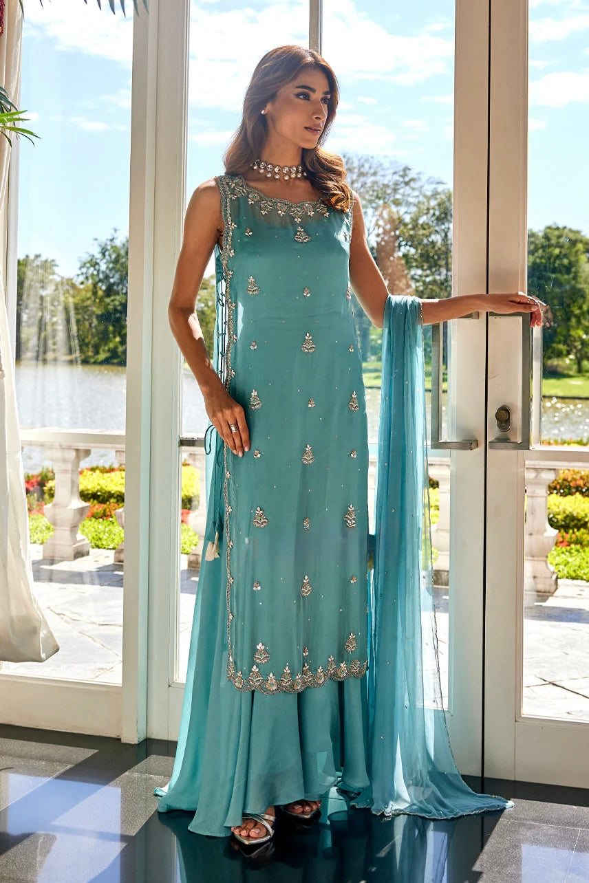 Sky blue handwork sharara suit