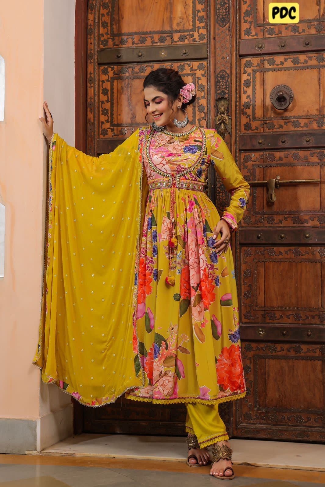 Yellow heavy work angrakha anarkali kurta set